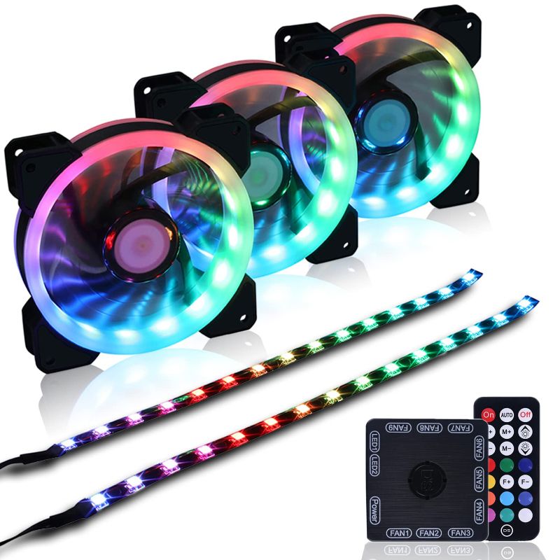 Photo 1 of DS 120MM Wire Rainbow RGB Case Fans with Controller for PC Cases, Computer Case ATX Full Tower, Middle Tower (LED Fans 3PACK Kit, 2PACK LED Strip, 4th GEN Hub Box, A Series)
