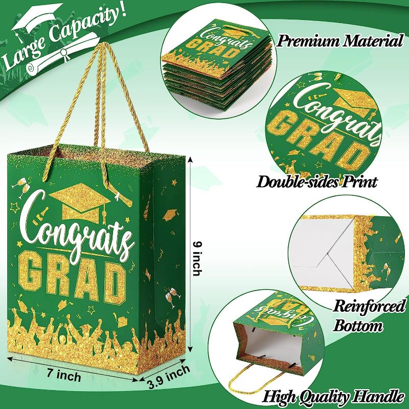 Photo 1 of 12 Pcs Graduation Gift Bags with Tissue Paper Graduation Party Favor Bag with Handles Class of 2023 Grad Party Paper Bags Graduation Goodie Bags Bulk for Congrats Grad Party Supplies (Green Gold)
