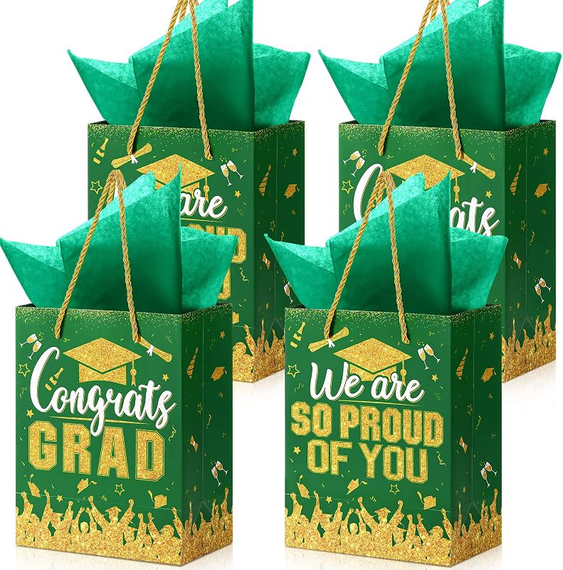 Photo 1 of 12 Pcs Graduation Gift Bags with Tissue Paper Graduation Party Favor Bag with Handles Class of 2023 Grad Party Paper Bags Graduation Goodie Bags Bulk for Congrats Grad Party Supplies (Green Gold)
