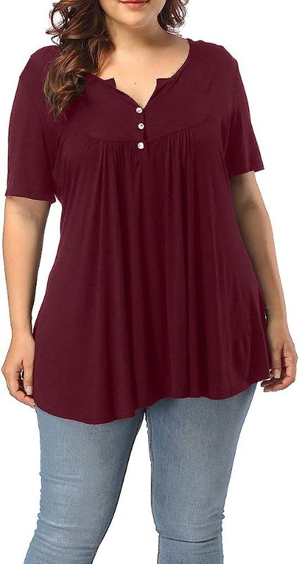 Photo 1 of POSESHE Women's Plus Size Henley V Neck Button up Tunic Tops Casual Short Sleeve Blouse Shirts -3xl