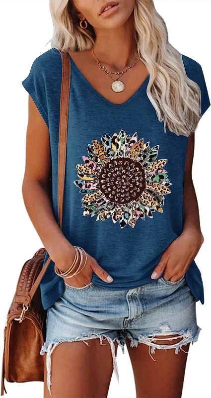 Photo 1 of Agnes Urban Womens Summer Tops Cap Short Sleeve Shirts V Neck Casual Loose Cute Flower Print T Shirts Tunic Top Blouses-MEDIUM 