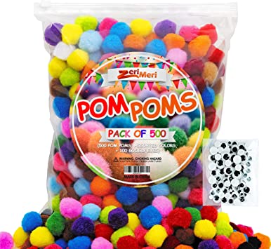 Photo 1 of  Pom Poms Arts and Crafts - 500 1 inch Polypropylene Rainbow Pompoms with 100 Google Eyes for Craft -