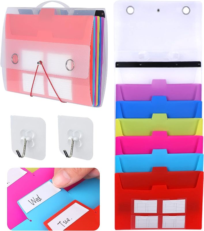 Photo 1 of Hanging File Organizer 7 Pockets Expanding File Folder with Handle?Accordion File Organizer for A4 Letter Size Paper?Hanging Wall Organizer for Office & School?with 2 pcs Hooks?Blank tabs
