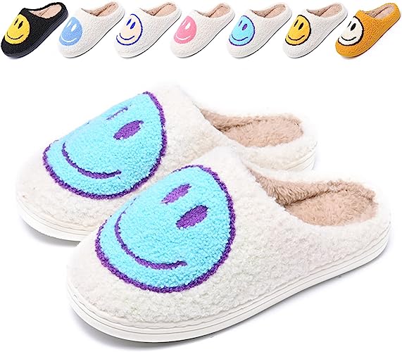 Photo 1 of Cute Smile Face Slippers for Women and Men,Soft Plush Comfy Warm Couple Slip-On House Happy Face Slippers For Winter Indoor Outdoor Smile Slippers Non-slip Fuzzy Flat Slides
size: 43-44