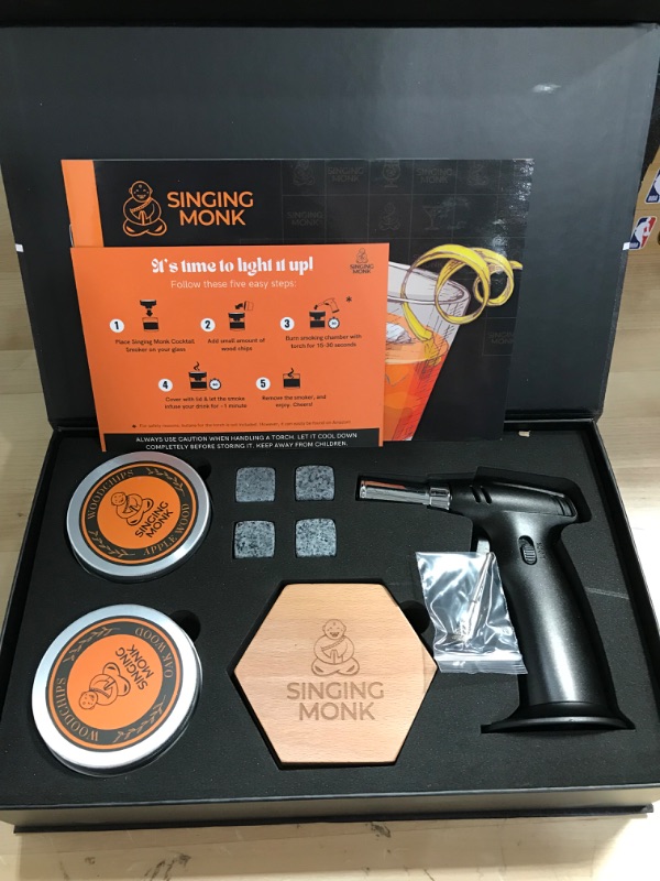 Photo 1 of Singing Monk Cocktail Smoker Kit with Torch - 12-Piece Whiskey Smoker Kit with Hexagon Smoker, 4 Smoking Wood Chips Flavors, 4 Stone Ice Cubes, Recipe Book,...