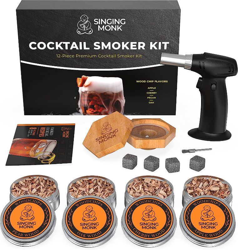 Photo 1 of Singing Monk Cocktail Smoker Kit with Torch - 12-Piece Whiskey Smoker Kit with Hexagon Smoker, 4 Smoking Wood Chips Flavors, 4 Stone Ice Cubes, Recipe Book,...