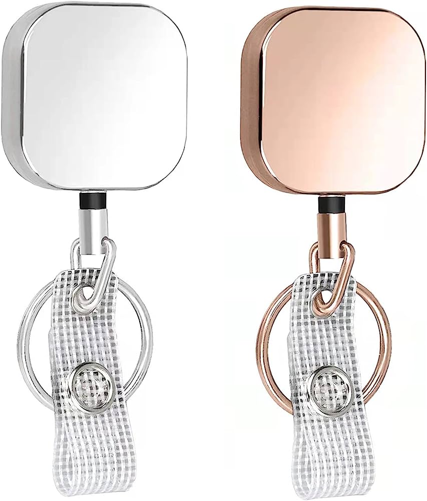 Photo 1 of 2 Pack Heavy Duty Retractable Badge Reel Metal ID Badge Holder Reel with Belt Clip Key Ring for Name Card Keychain-27.5" Reinforced Steel Wire Cord (S-2pack White Rose Gold)