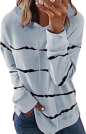 Photo 1 of Biucly Womens Casual Hoodies Striped Printed Sweatshirts Long Sleeve Shirts Drawstring Pullover Tops size L
 