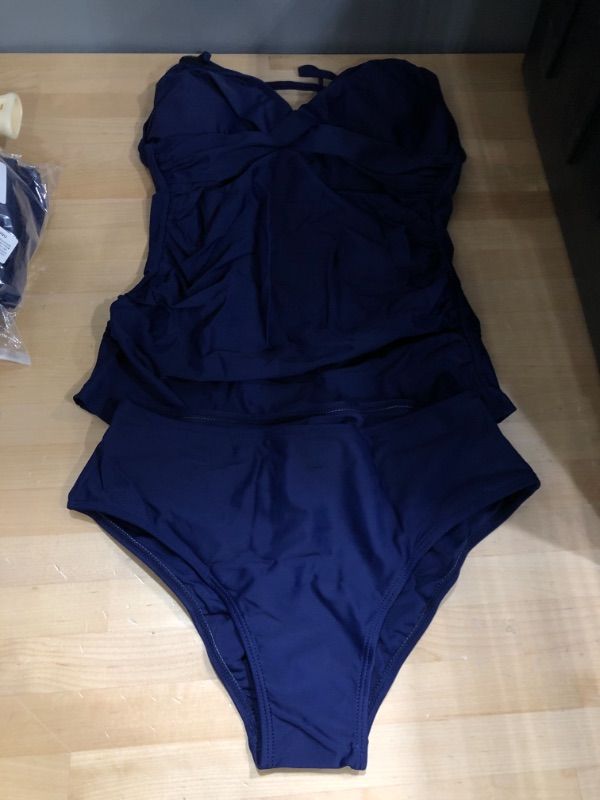 Photo 1 of RYANZEH Swimsuit Women – Ruffled Tankini with Adjustable Straps & Mid-Rise Bottoms – Flattering Swimwear with Tummy Control Navy Blue(Size Small)