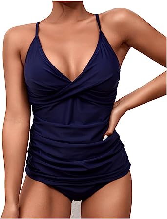 Photo 1 of RYANZEH Swimsuit Women – Ruffled Tankini with Adjustable Straps & Mid-Rise Bottoms – Flattering Swimwear with Tummy Control Navy Blue(Size Small)