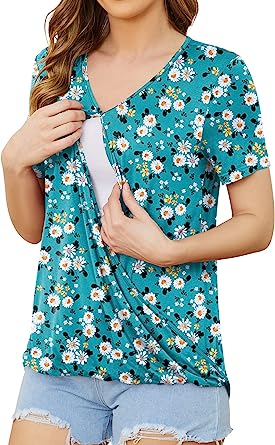 Photo 1 of AYIFU Womens Maternity Nursing Tops Short Sleeve Breastfeeding Shirts Casual Wrap V Neck Blouses