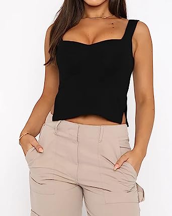 Photo 1 of BAIGRAM Women’s Sleeveless Slim Crop Tank Top Sexy Pleated Bustier Sweetheart Neck Strappy Slits Cropped Vest Cami