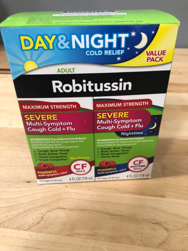 Photo 2 of **exp date 05/2024**Robitussin Maximum Strength Severe Multi-Symptom Cough Cold 4 fl. oz.+ Flu Day & Night 4 fl. oz. Bottles Raspberry 4 Fl Oz (Pack of 2)