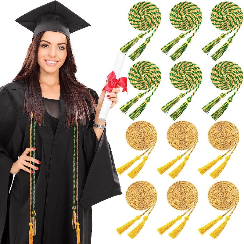 Photo 1 of Berlune 12 Pcs 2023 Graduation Honor Cords Class of Honor Cords with Tassel Graduation Party Favor Gifts Graduation Cord for Grad Days and Graduation Student (Green, Gold)
