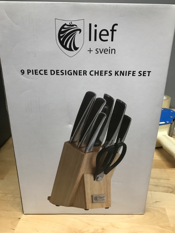 Photo 2 of LIEF + SVEIN 9 Pc knife set with block. 1.4116 German Stainless Steel Kitchen Knife Set. UltraSharp cooking knives set for kitchen. Ideal chef knife set or home cooking knife block sets 9 Pc Kitchen