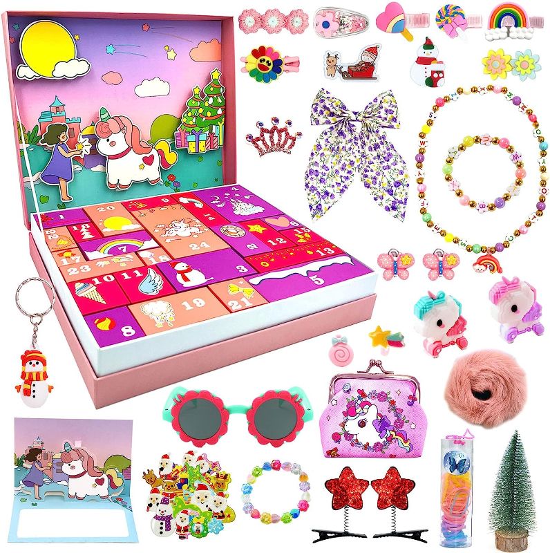 Photo 3 of Advent Calendar 2022 for Girls 24-Days Christmas Countdown Calendar Gifts,Xmas Gift Box Calendar for Kids Toddlers,Including Hair Clips, Stickers, Unicorn