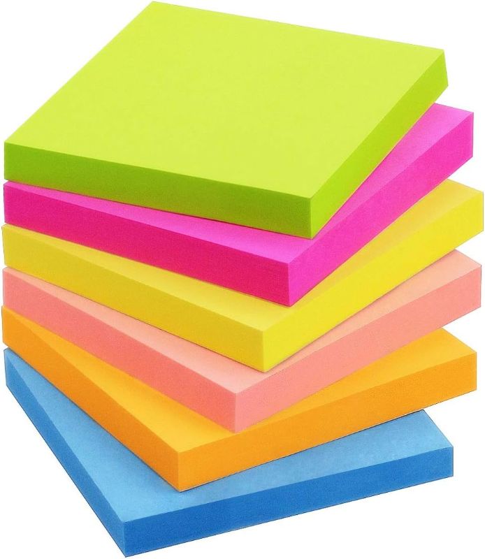 Photo 1 of 5 pack - Sticky Notes 3x3 inch Bright Colors with Pink Self-Stick Pads 6 Pads/Pack 100 Sheets/Pad Total 600 Sheets
