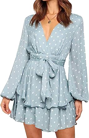 Photo 1 of AlvaQ Womens Spring Summer V Neck Knot Front Ruffles Long Sleeve Floral Print Short Mini Dress
XL