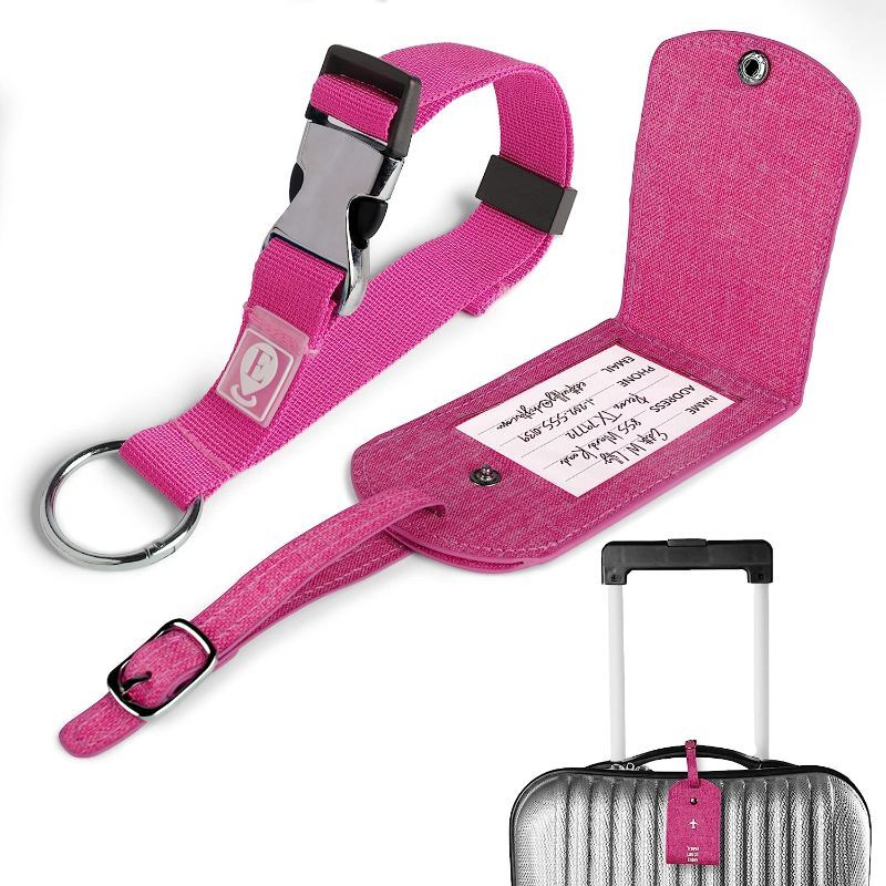 Photo 1 of 3 PACK BLOSSOM LIVING 2 Luggage Tags for Suitcases & 1 Adjustable Travel Bag Strap Set - Unique Luggage Identifiers with Privacy Protection Cover - Pink
