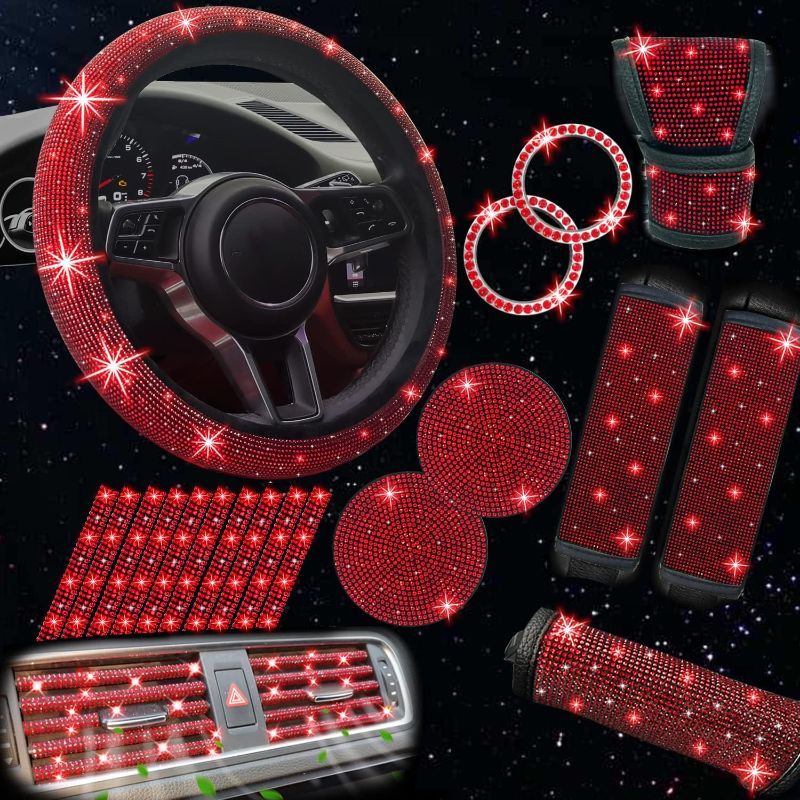 Photo 1 of 19 pcs Bling Car Accessories Set for Women, Bling Steering Wheel Cover, Bling Seat Belt Covers, Bling Handbrake Cover, Bling Car Shift Gear Cover, Bling Car Charger, Bling Car Coasters (White) (Red)