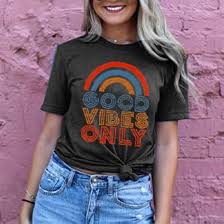 Photo 2 of MAXIMGR Women Good Vibes Only T Shirt Bleached Vintage Summer Vibes Shirt Rainbow Graphic Tee Tops M