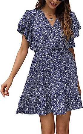 Photo 1 of Manydress Women’s Casual Floral Print Butterfly Sleeve Flowy Swing Boho Dress with Pockets MY091  Green print (xl)
