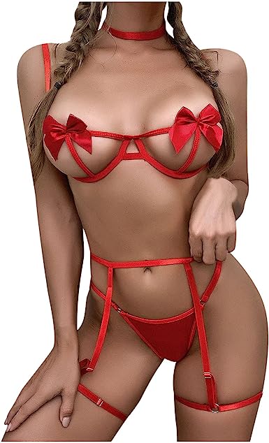 Photo 1 of Women's Sexy Lingerie Set with Garter Belt Cage Hollow Out Bra and Thong Panty Bow-Knot Teddy Babydoll Push Up Underwear---L