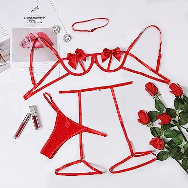 Photo 2 of Women's Sexy Lingerie Set with Garter Belt Cage Hollow Out Bra and Thong Panty Bow-Knot Teddy Babydoll Push Up Underwear---L