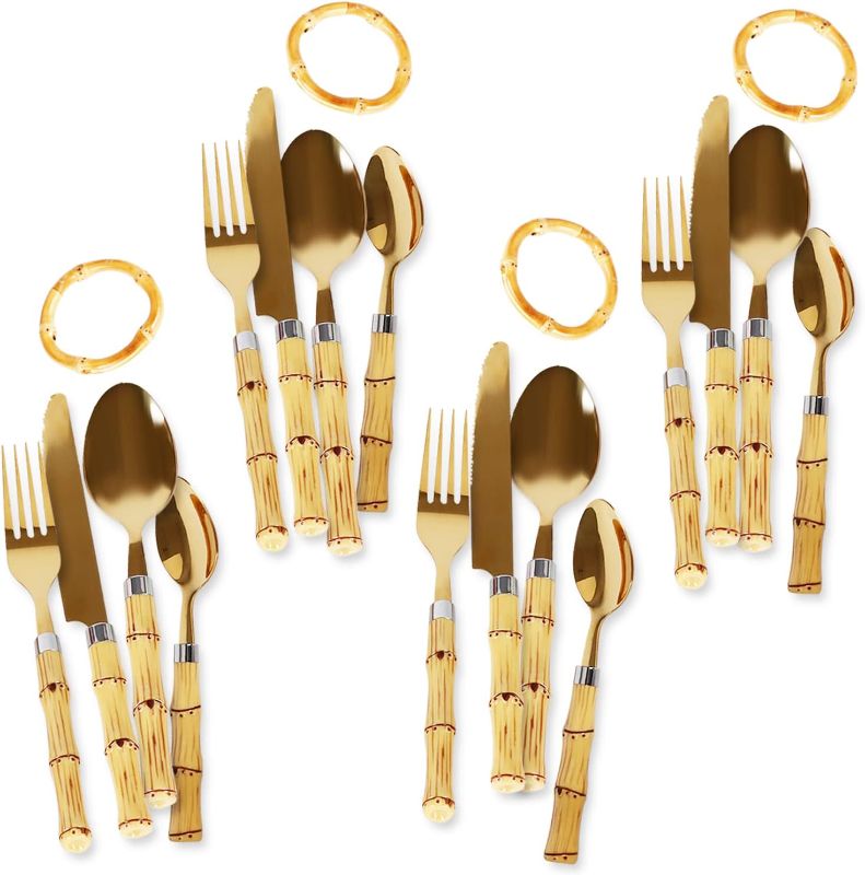 Photo 1 of *** NEW OPENED INSPECT ITEM *** Flatware Set Bamboo Style with Napkin Rings, 20pcs Tableware Set for Dining & Entertaining, Gold Brass Stainless Steel Forks Knives Spoons for Kitchen & Dining — Cutlery and Utensils Set for 4 people
