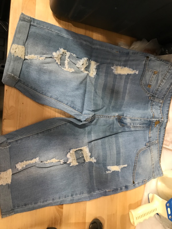 Photo 1 of onlypuff Women's Ripped Denim Destroyed Mid Rise Stretchy Bermuda Shorts Jeans