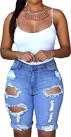 Photo 1 of onlypuff Women's Ripped Denim Destroyed Mid Rise Stretchy Bermuda Shorts Jeans