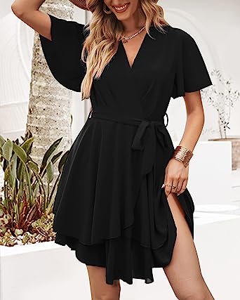 Photo 1 of Bequemer Laden Women’s Summer Casual Short Sleeve Deep Warp V Neck Mini Dress Tie Belted Waist Ruffle Swing Skater Dresses XL 