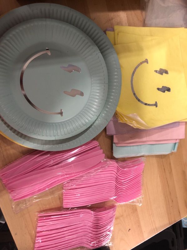 Photo 1 of 144 PCS PASTEL COLOR PARTY PLATES UTENSILS AND NAPKINS WITH SMILEY FACES
