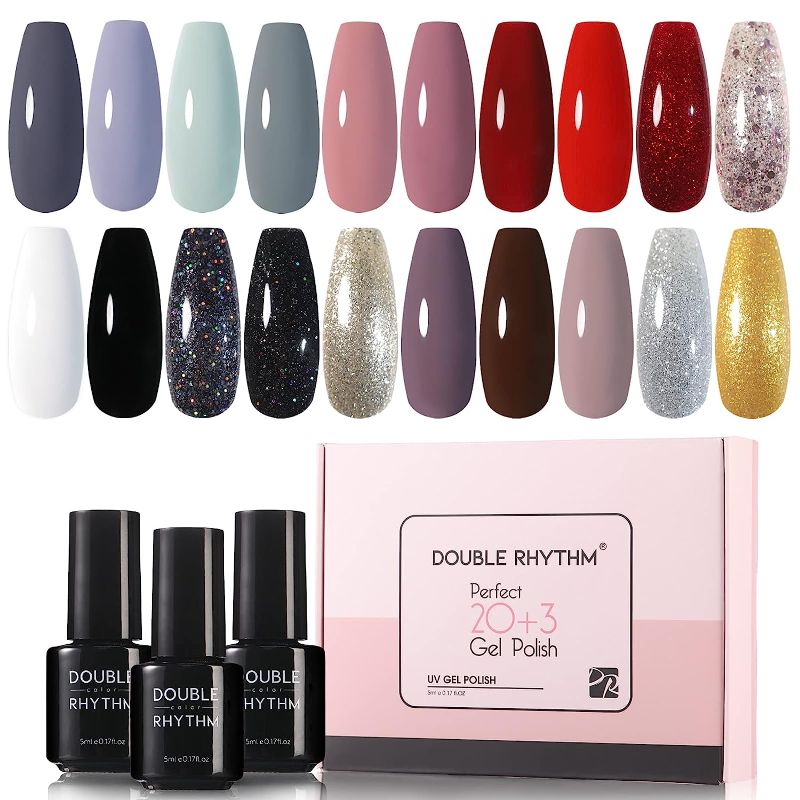 Photo 3 of Double Rhythm 23 PCS Gel Nail Polish Kit 20 Color Sparkle Macaroon Polish Gel Art Set No Wipe Base Gel Glossy Matte Top Coat DIY Manicure At Home Salon, 5ml