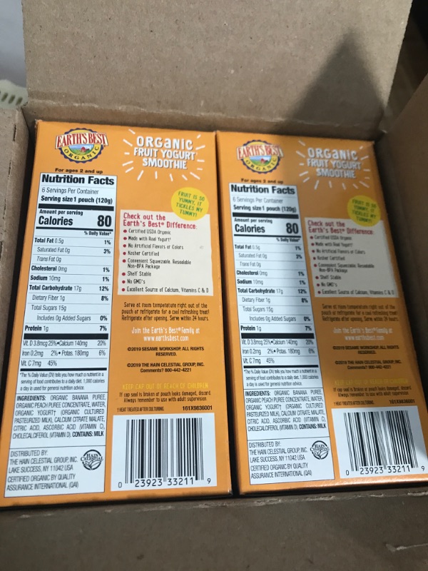 Photo 2 of (12 Pack) Earth's Best Organic Sesame Street Toddler Fruit Yogurt Smoothie, Peach Banana, 4.2 oz. Pouch Expiration Date: 01/12/2024