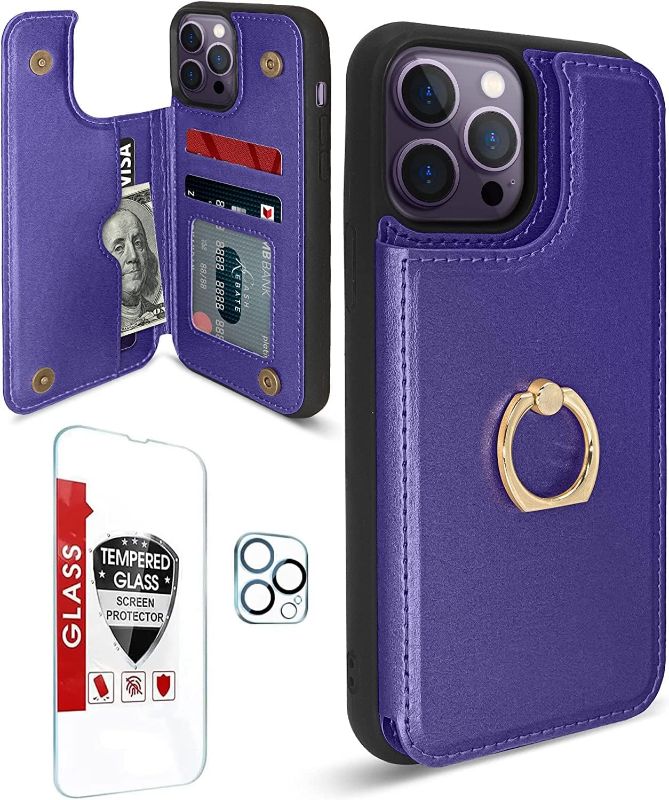 Photo 1 of [3 in 1] iPhone 14 Pro Case Wallet with Card Holder, [Tempered Glass Screen Protector + Camera Lens Protector], RFID Blocking, 360°Rotation Ring Kickstand, Military Protective Flip Case (Purple)
