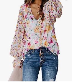 Photo 1 of Dokotoo Women's Casual Boho Floral Printed V Neck Tops Drawstring Short Long Sleeve T Shirt BlousesSize: M