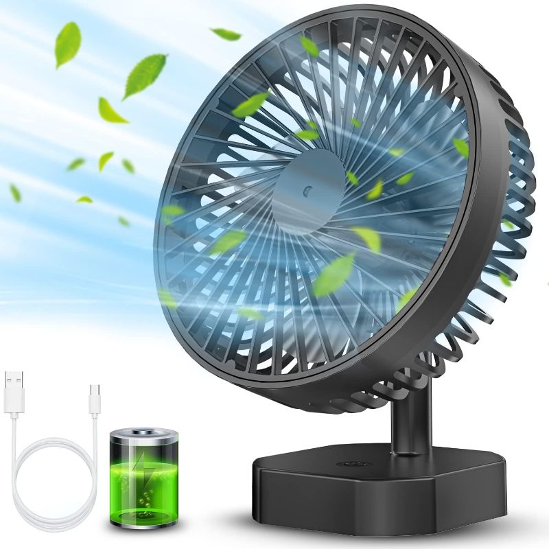 Photo 2 of *** POWERS ON *** Deleaboa 6.5 Inch Personal USB Desk Fan, Quiet 5000mAh Portable Battery Operated Fan, 3 Speeds Strong Wind, Office Desk Fan, Portable USB Fan For Home Office Car Outdoor Bedroom Travel Camping, Black