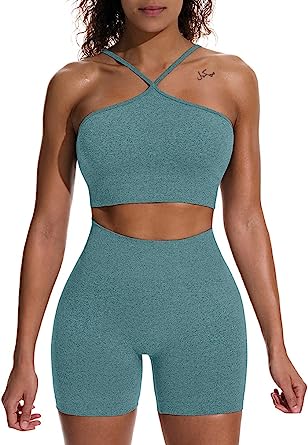 Photo 1 of HYZ Women's Workout 2 Piece Outfits High Waist Running Shorts Seamless Gym Yoga Crop Top Bra Sets LARGE