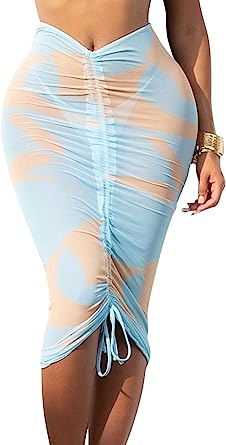 Photo 1 of Ceuplon Women's Sexy Sheer Mesh Skirt Drawstring Ruched Swimsuit Beach Cover Up Dress XL