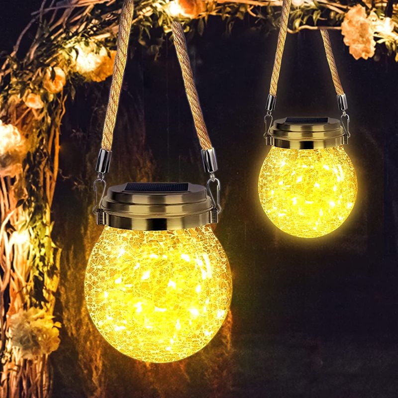Photo 1 of ***POWERS ON*** Solar Lantern Outdoor 2 Pack,WIND STAR Solar Hanging Lantern with 30 LED Waterproof Solar Lights Decorative Crackle Glass Ball Backyard Table Deck Yard Patio…