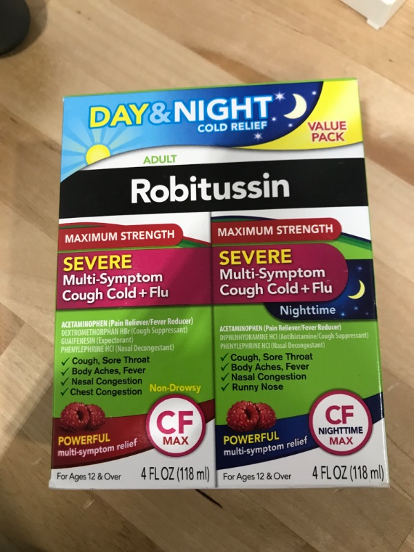 Photo 2 of ***EXP 05/2024*** Robitussin Maximum Strength Severe Multi-Symptom Cough Cold 4 fl. oz.+ Flu Day & Night 4 fl. oz. Bottles Raspberry 4 Fl Oz (Pack of 2)