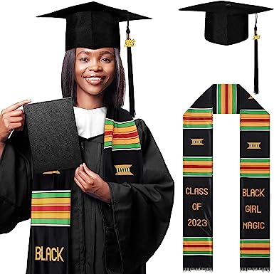 Photo 1 of 2 Pcs Black Girl Magic Graduation Stole 2023 Kente Cloth Graduation Stole Sash Matte Graduation Cap Class of 2023 Tassel for Black Girls Grads High School Bachelor Graduation Day