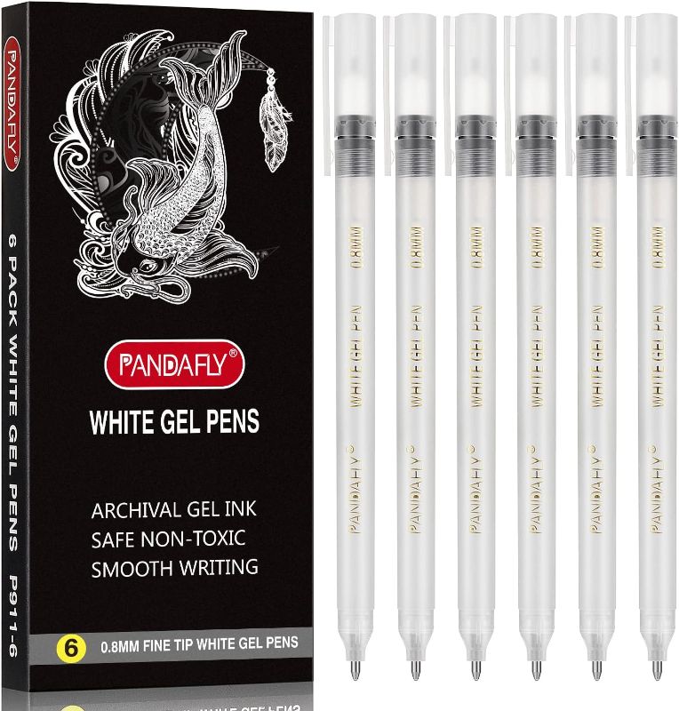 Photo 2 of (5 packs)PANDAFLY White Gel Pens Set, 6 Pack, 0.8mm Fine Point Pens Gel Ink Pens For Artists, Archival Ink Pens, White highlight Pens for Black Paper Drawing, Illustration, Sketching
