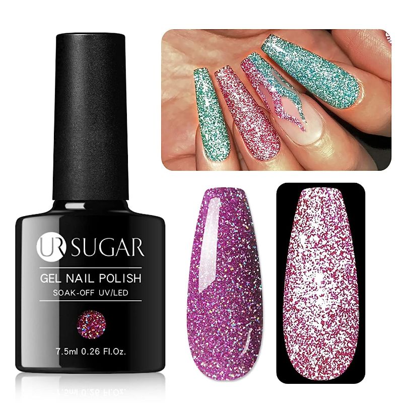 Photo 1 of  (4 bottles)UR SUGAR Reflective Glitter Gel Nail Polish, Purple Color Sparkly Shiny Gel Polish Spring Summer Color Soak Off Disco Gel Polish Nail Art Manicure Salon DIY at Home Gift for Women
