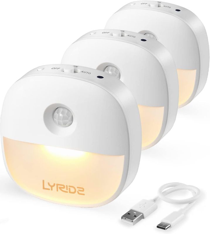 Photo 1 of Lyridz Rechargeable Night Light, Motion Sensor Battery Night Light, Mini Stick-on LED Closet Light, 1-20LM Dimmable Brightness for Bedroom, Kitchen, Washroom, Stairs, Hallway, 3-Pack
