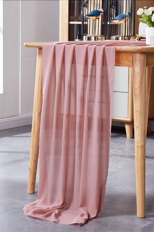 Photo 1 of (2 PACK) AVIVIHO 10ft Dusty Rose Chiffon Table Runner Wedding Table Runner 29 x 120 Inch Long Sheer Table Runners for Romantic Wedding Birthday Party Bridal Baby Shower Boho Party Reception Table Decoration
