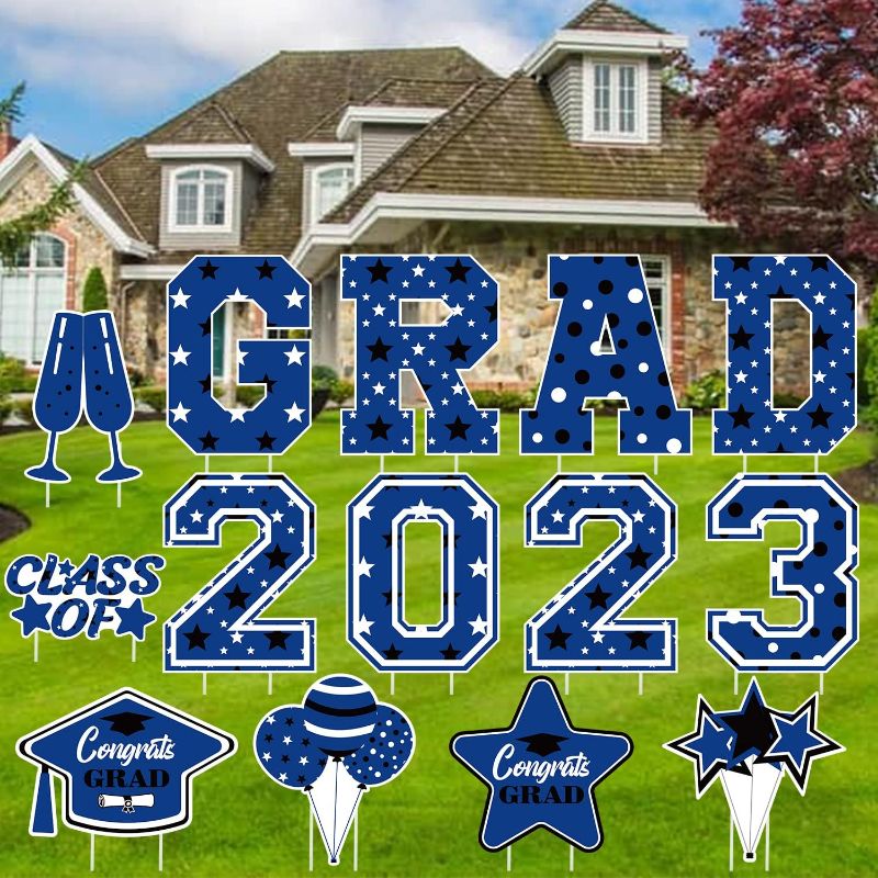 Photo 1 of 16 PCS 2023 Graduation Decorations 16 Inch Waterproof Graduation Yard Signs Large Congrats Grad Yard Signs Class of 2023 Graduation Yard Sign with Stakes for Graduation Party Decorations Supplies (Blue-Led)
