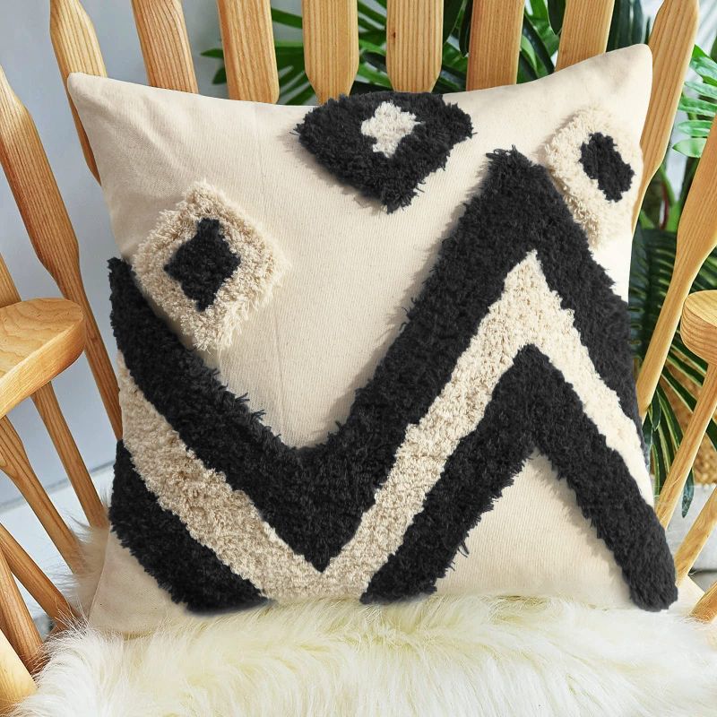 Photo 1 of 18x18 Inch Black Wave Tufted Throw Pillow Cover with Zipper Pillowcase Case for Sofa Couch Living Room Boho Decorative (1Pcs Beige) Black-2 18x18 inch