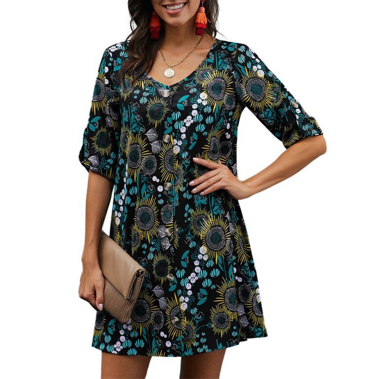 Photo 1 of Farysays Women Summer V Neck 3/4 Roll Sleeve Button Down Floral Dress Casual Mini Dress?Black/Orange
